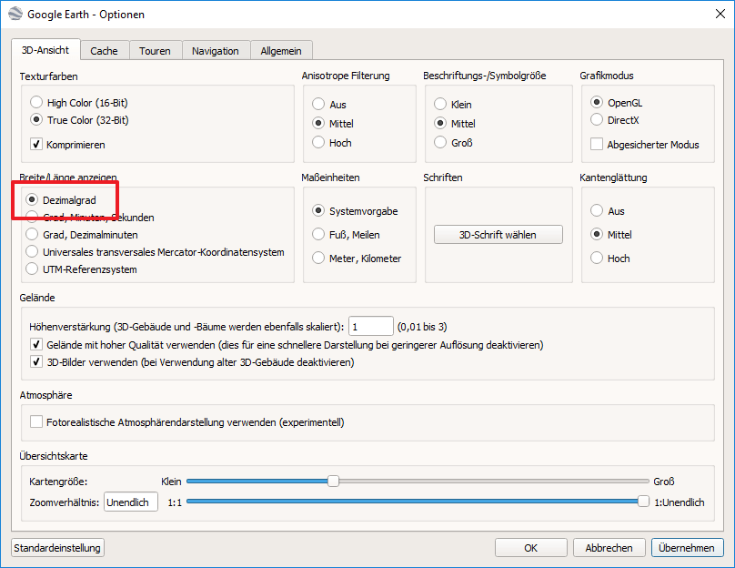 Google Earth Optionen: Dezimalgrad
