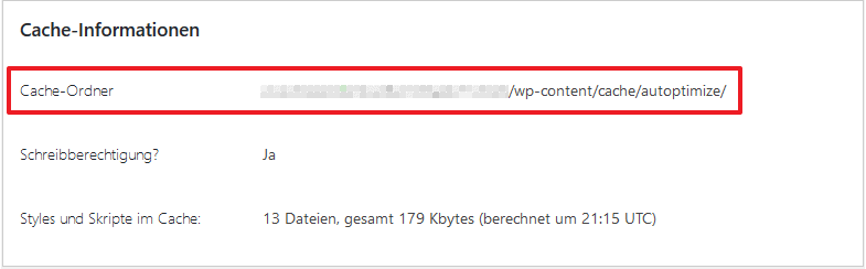 Autoptimize Cache-Informationen