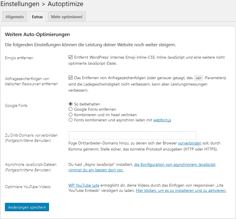 Autoptimize Einstellungen/Extras
